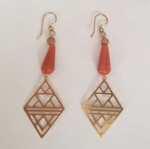 Handmade Geometric Boho Earrings - raw brass and natural stone and wood - New